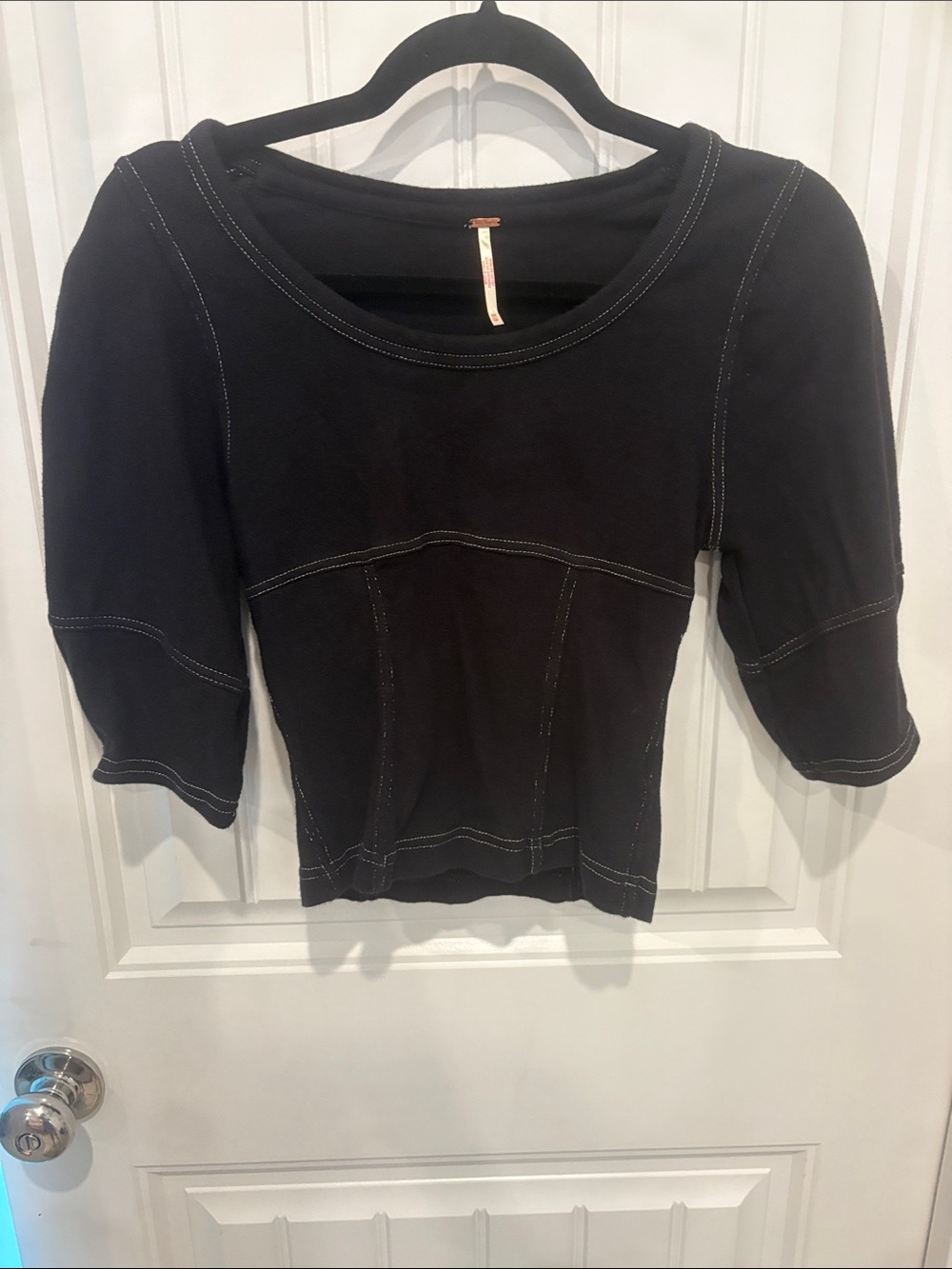 Free People Black Short Sleeve Scoop-Neck Top with Contrast Stitching